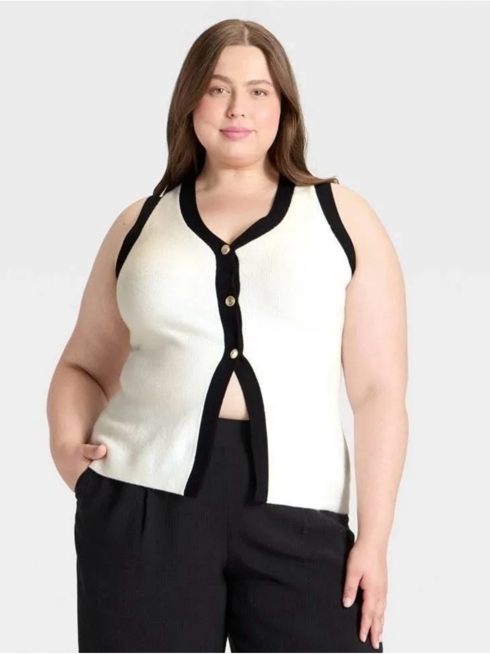 1X / 2X a new day - Cream and Black Sleeveless Button-Front Knit Top